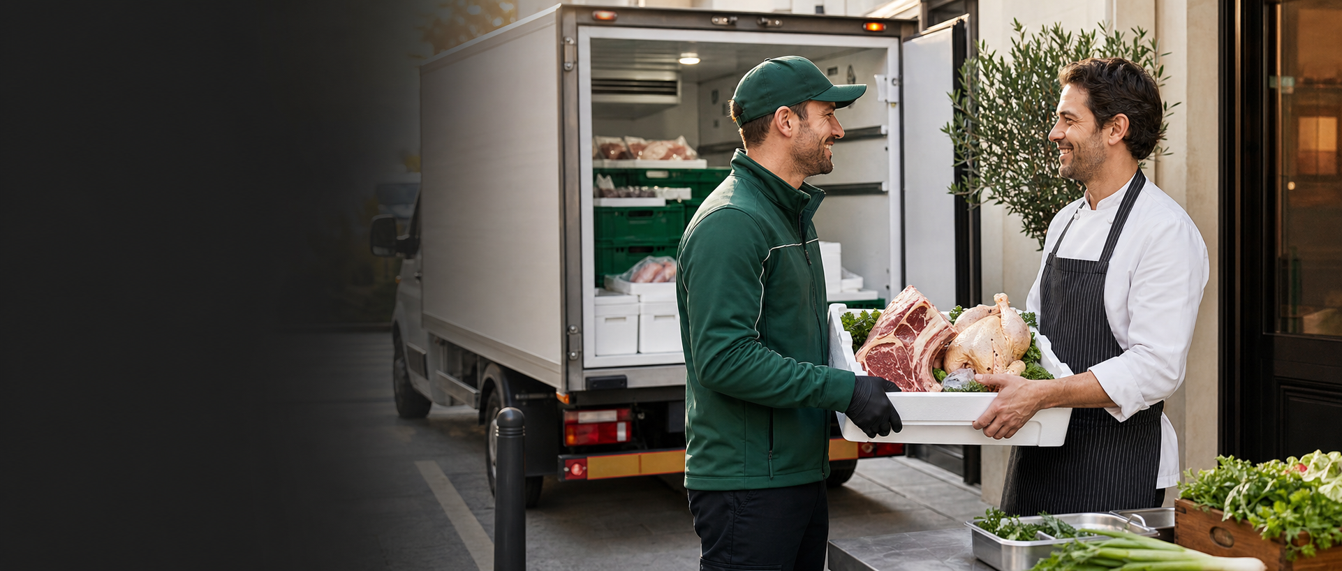 Livreur remettant des produits frais à un restaurateur devant un camion frigorifique